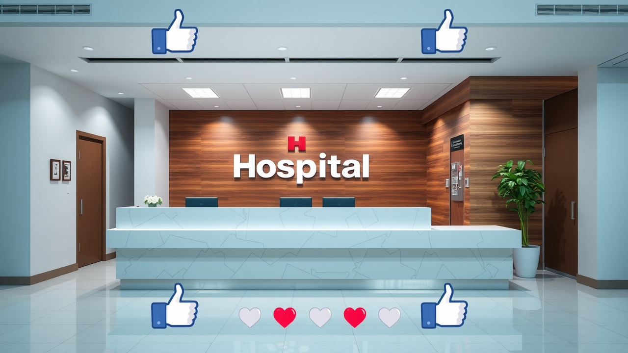 an image of a medical hospital reception desk posted on Facebook with likes and hearts icons all around it