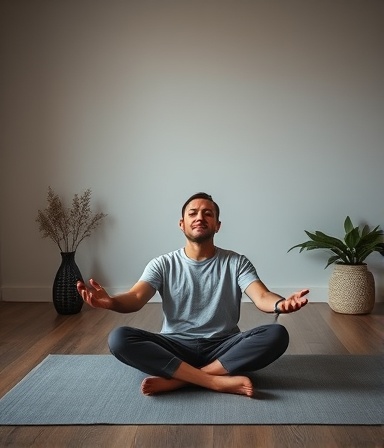 peaceful individual, relaxed, performing introductory meditation, photorealistic, in a minimalist studio with soft music, highly detailed, ambient sounds, Leica M10, neutral colors, soft ambient lighting, shot with a 35mm lens.