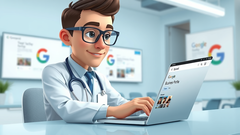 business owner in medical attire updating Google Business Profile, local seo for concierge doctors, professional medical practice setting