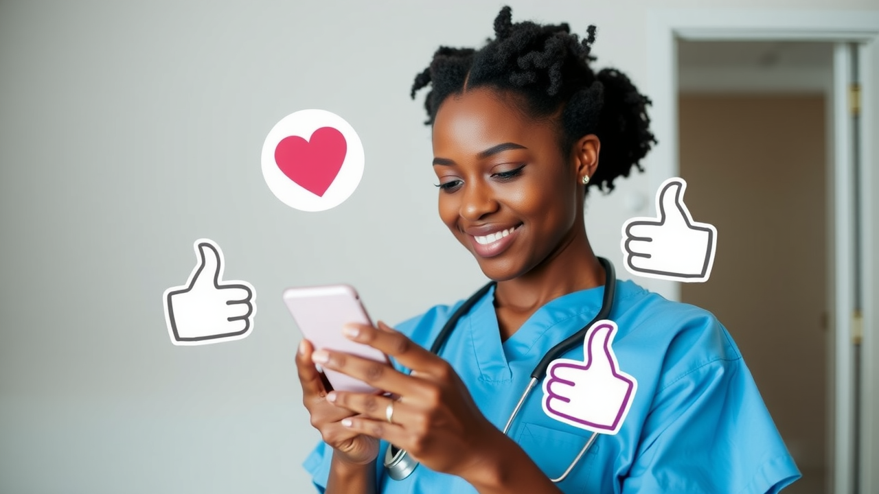 A black female nurse reading a positive online review on their smartphone, with thumbs-up graphics around
