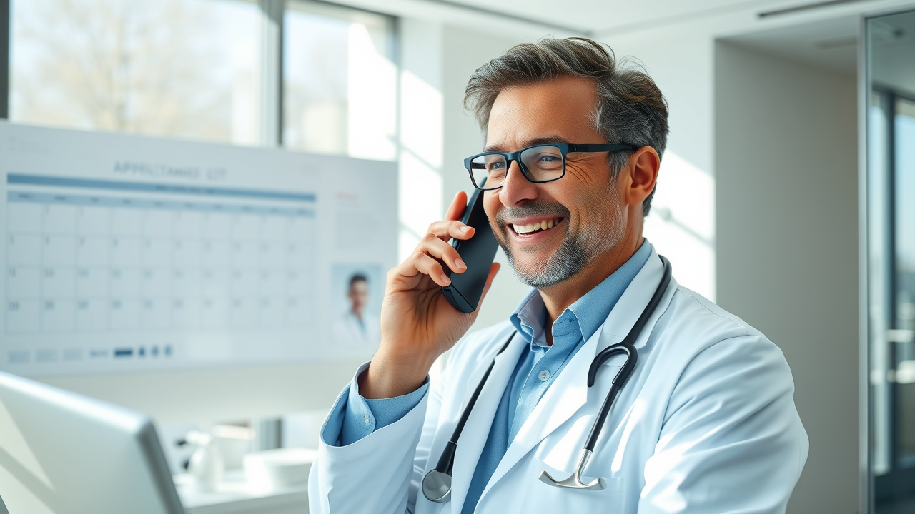 Doctor in a modern clinic smiling while speaking on the phone to a returning patient, with appointment calendar in the background