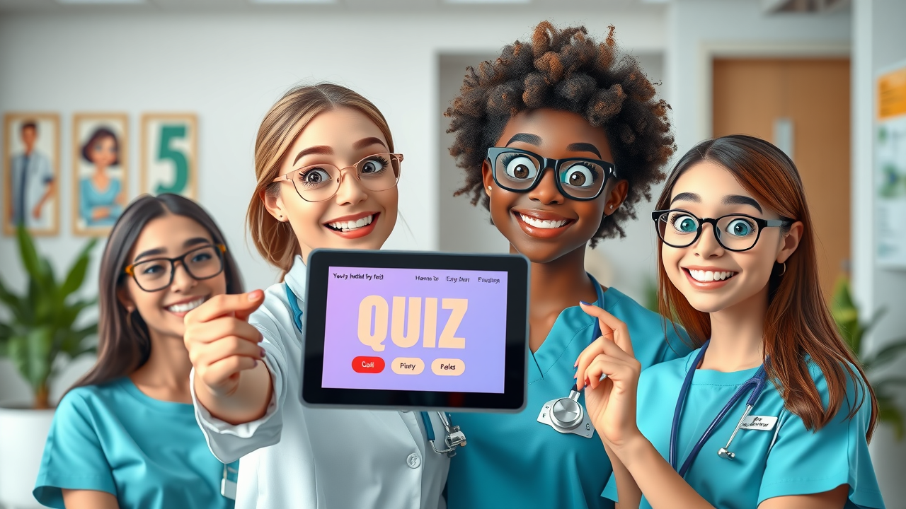 Nurse presenting a cheerful quiz to patients on a tablet in a modern reception area, promoting interactive social media engagement.