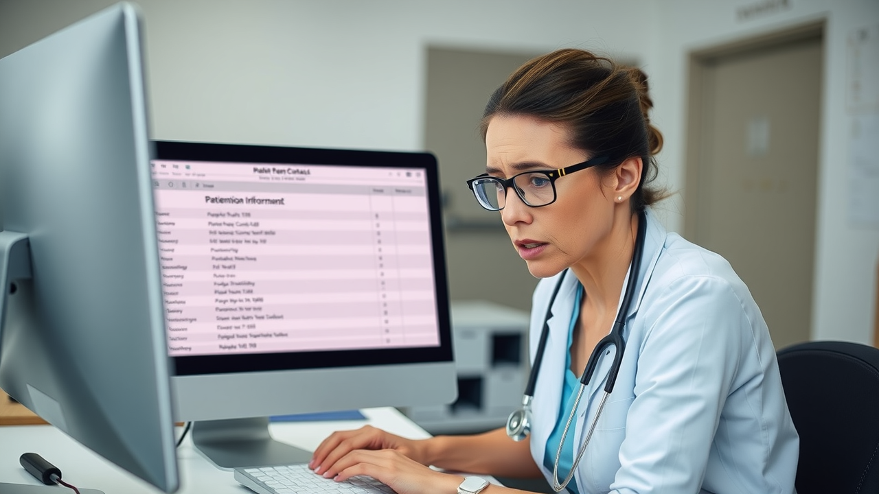 Healthcare receptionist looking at outdated patient contact information on a computer, appearing frustrated