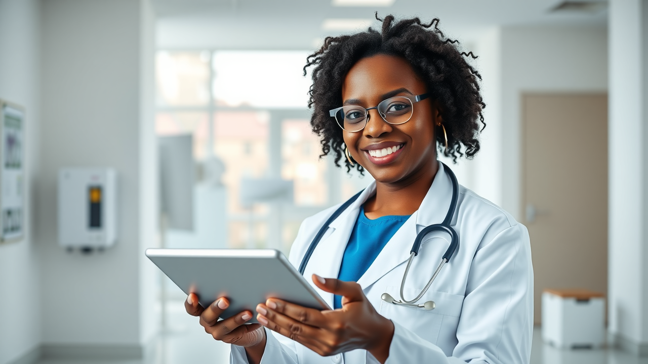 Doctor holding a sleek tablet device prominently displaying a vibrant patient communication app interface