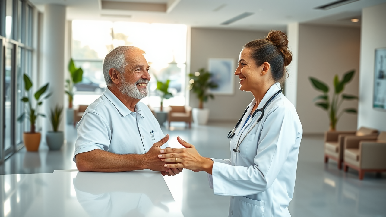 Smiling patient entering a bright, welcoming clinic lobby, warmly greeted by a friendly nurse at the reception desk, representing successful patient reactivation