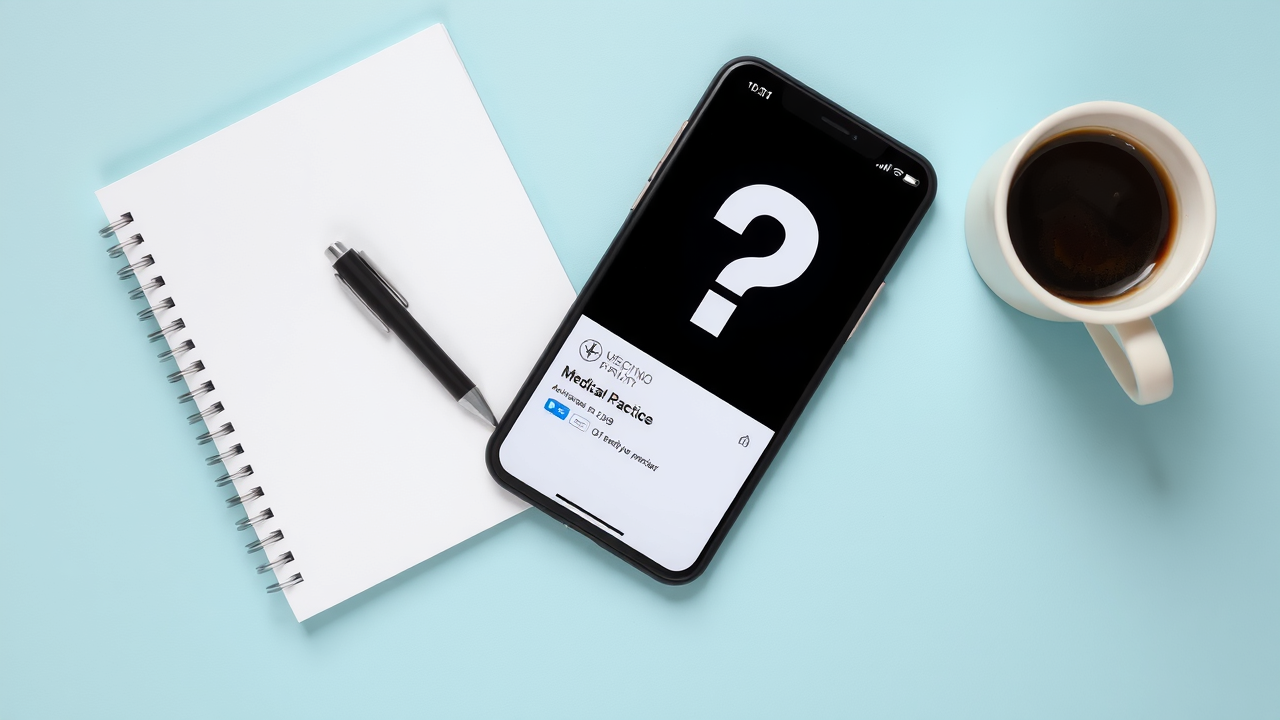 A creative flat-lay of a smartphone, notepad, and coffee cup — the phone screen shows a big question mark medical practice’s social post with a poll or quiz.