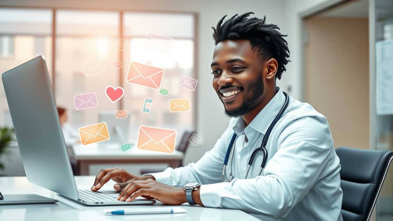Healthcare receptionist sending friendly reminder emails to patients, with colorful icons of envelopes, phones, and calendars floating around