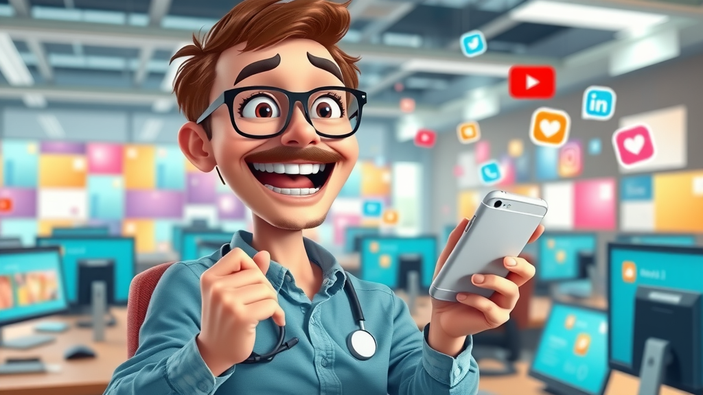 Energetic social media manager posting healthcare content, floating icons, digital marketing for medical practices