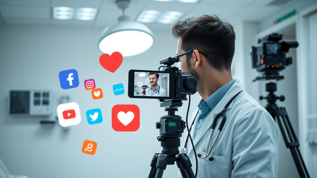 Doctor filming a short medical video in a well-lit clinic, with lights, camera, and social media platform icons floating nearby.