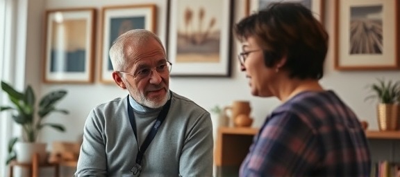 caring therapist, empathetic, talking, photorealistic, well-decorated office with art pieces, highly detailed, soft facial expressions, 24mm lens, ambient lighting, muted and calming colors