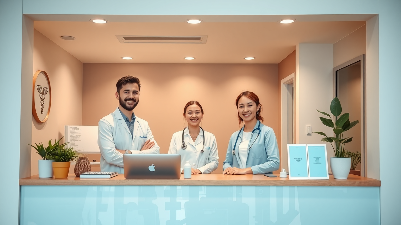 A warm and welcoming family-run medical practice front desk with smiling staff, soft lighting, and calming brand colors.