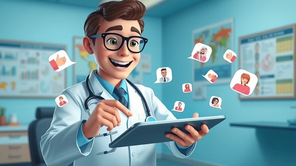 Doctor creating an interactive social media quiz on a tablet surrounded by engagement icons in a hospital office.