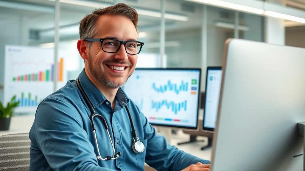 cheerful healthcare manager evaluating patient reactivation results on computer screens in a bright office