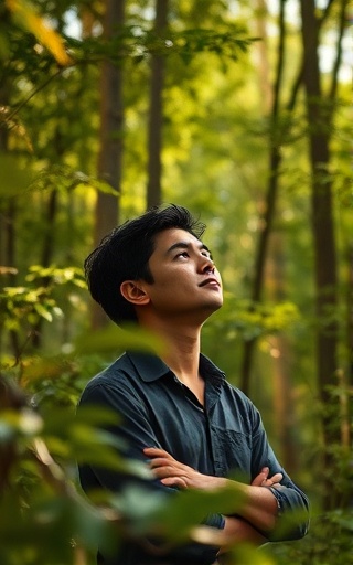 individual in nature, contemplative, using introductory stress-relief techniques, photorealistic, in a dense forest with natural wildlife, highly detailed, rustling leaves, Canon 5D Mark IV, earthy tones, dappled light, shot with a 50mm lens.