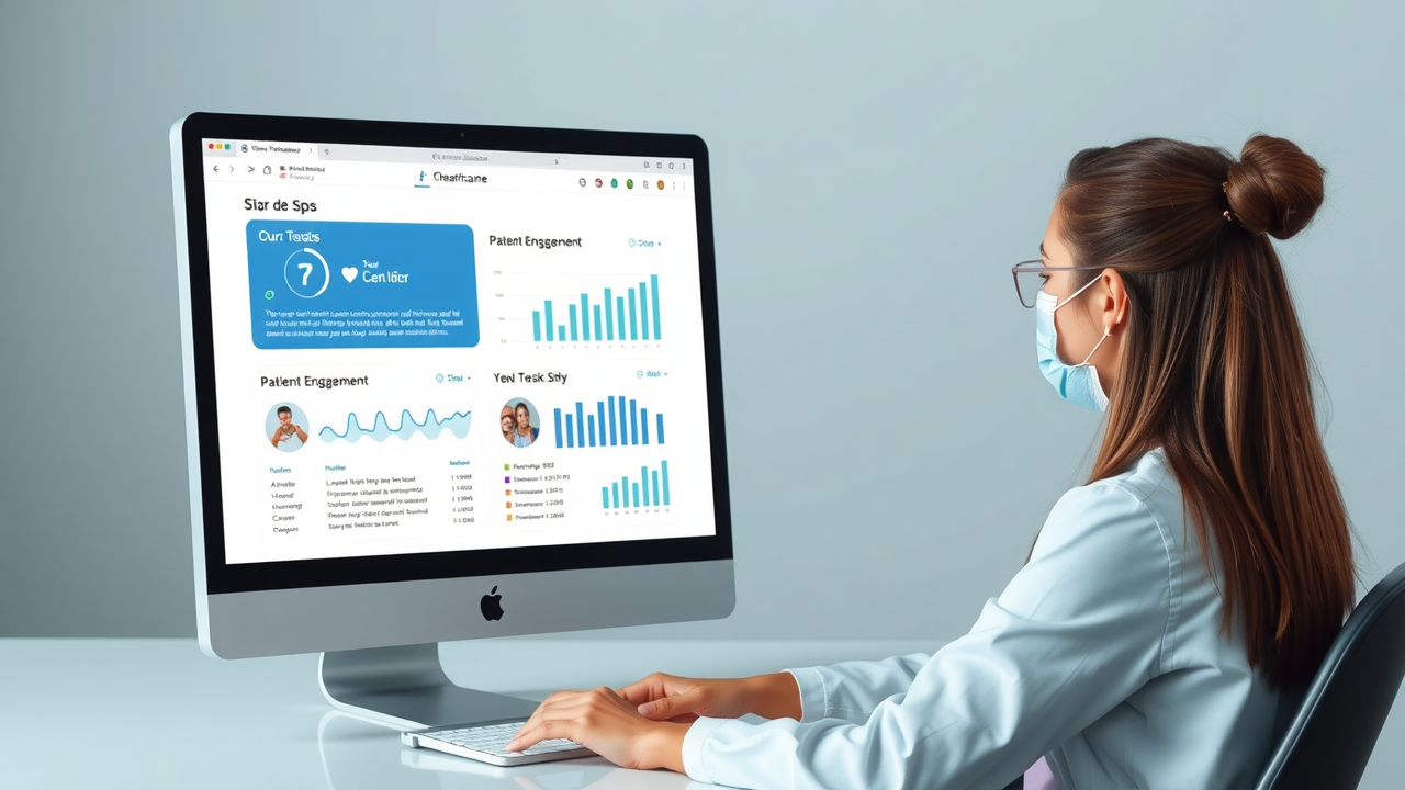 A healthcare professional at a computer reviewing personalized email campaigns with patient engagement metrics on screen, clean and modern style