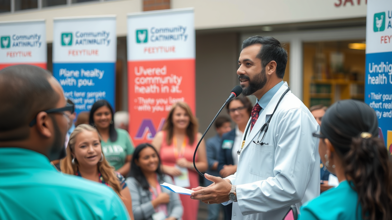 Doctor speaking at a local community health event, surrounded by branded banners and smiling attendees.