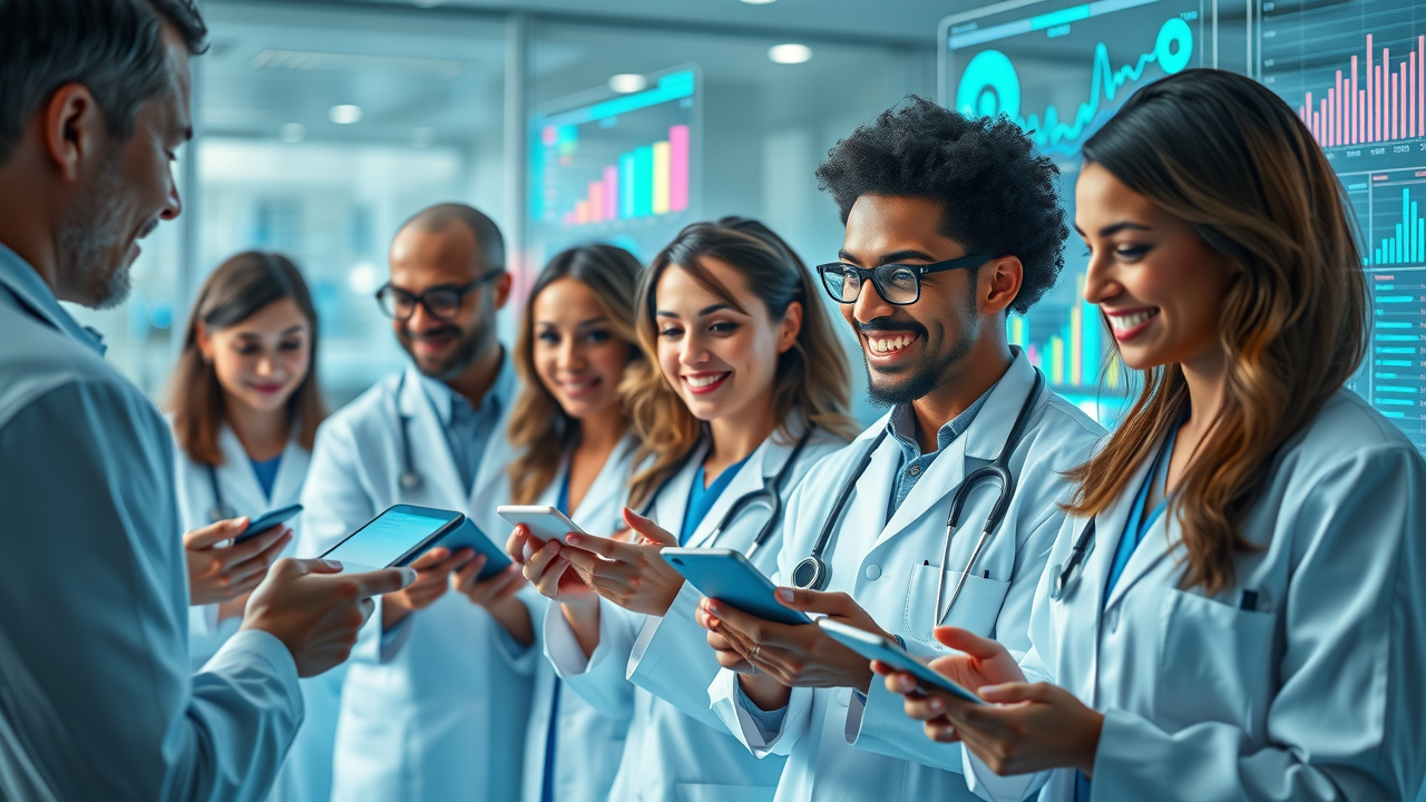 a diverse group of doctors and patients interacting via social media, email, and mobile apps.
