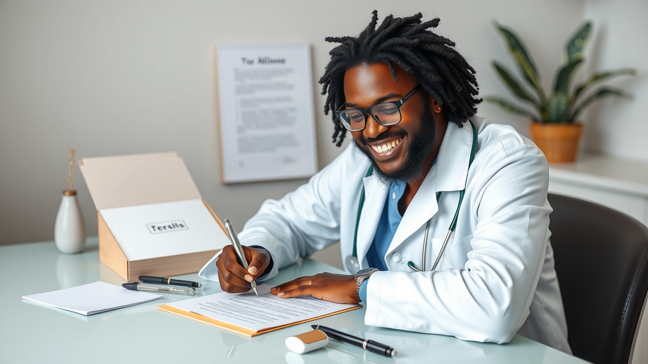 A caring doctor writing a handwritten thank-you note to a patient, surrounded by subtle branded stationery and personal touches.