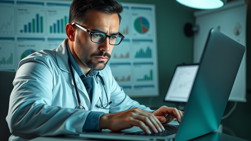 determined medical marketer optimizing website SEO for medical practices, digital marketing workspace
