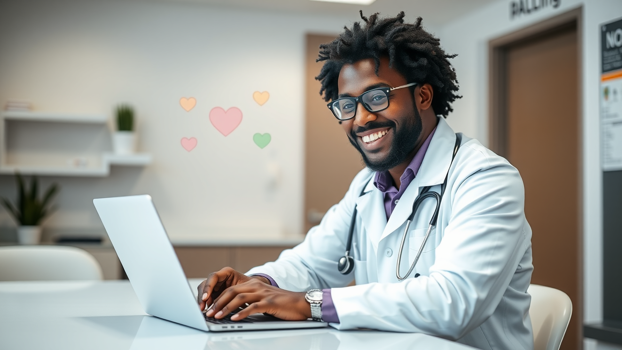 A confident doctor writing a medical blog post on a laptop in a well-lit clinic office, with educational health icons floating in the background