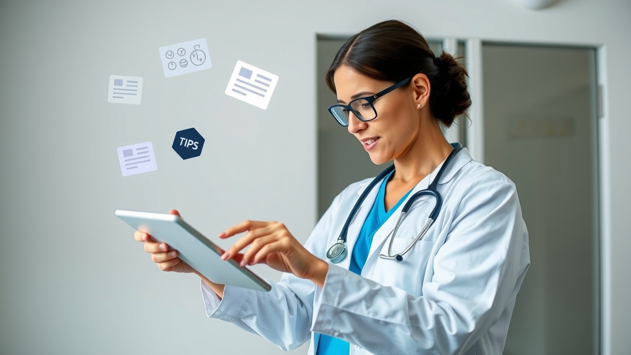 A healthcare professional reviewing a blog post draft on a tablet with content tips floating around