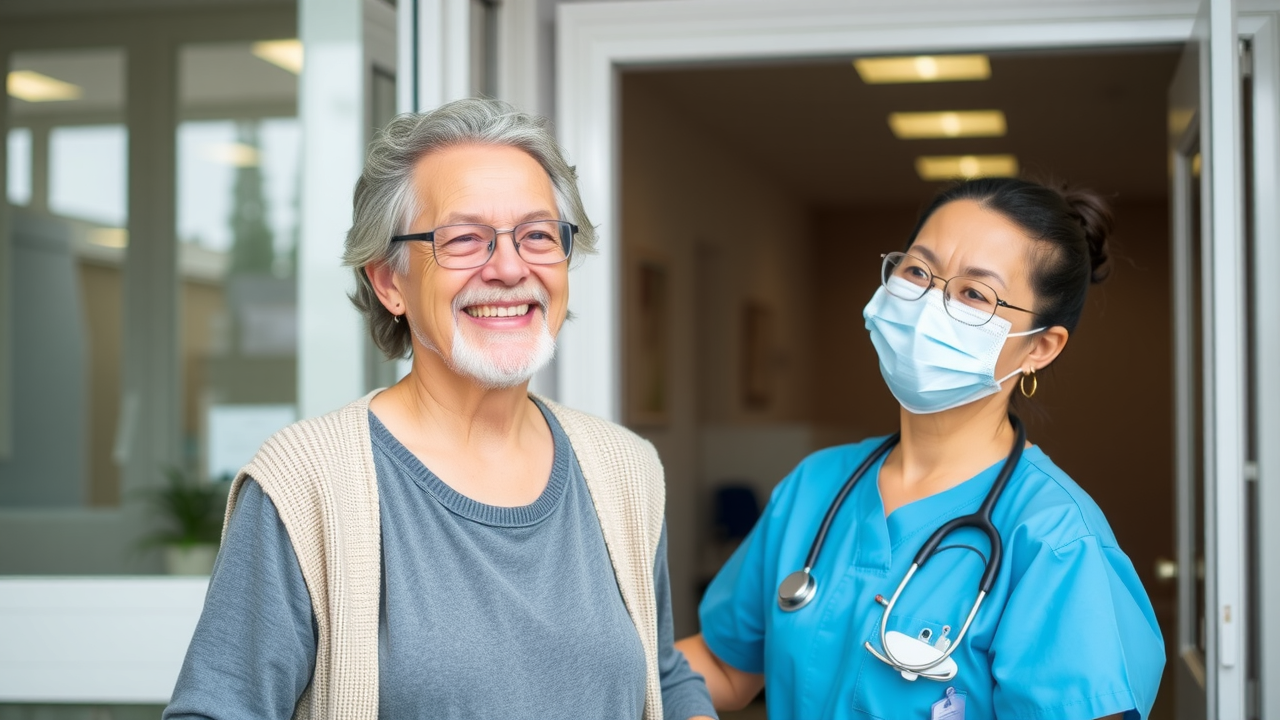Happy patient arriving at a clinic, greeted warmly by a nurse, symbolizing successful reactivation