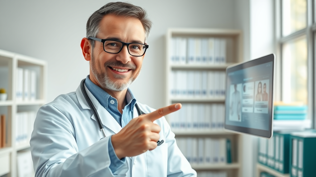 Confident medical expert pointing to digital content for content marketing for medical practices in a bright clinic