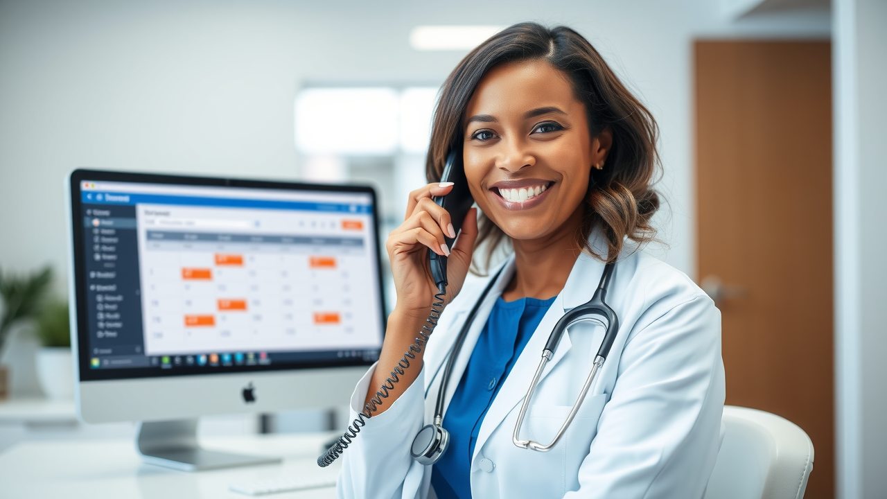 friendly doctor in a bright, modern medical office talking on the phone, smiling warmly, with a computer screen behind them displaying an upcoming appointment schedule