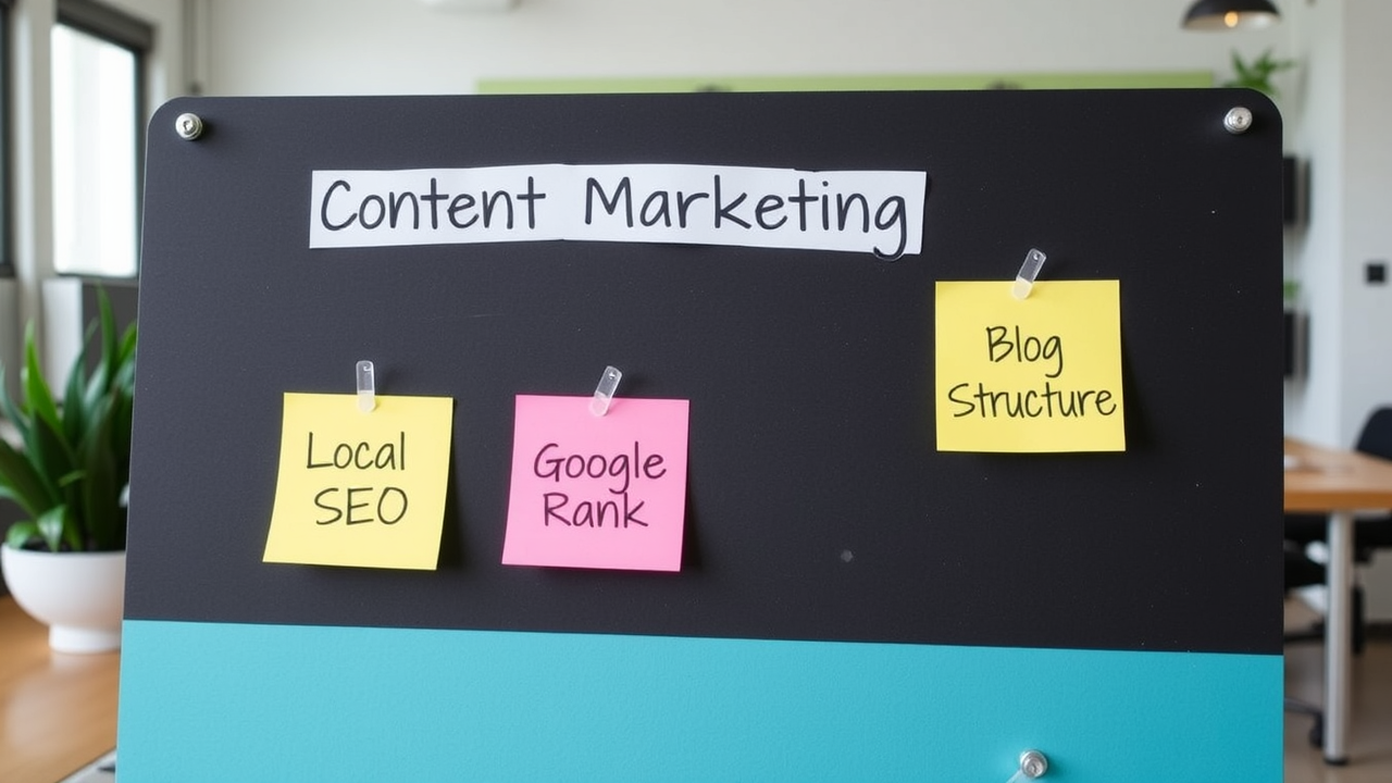 A content marketing strategy board for a healthcare blog, with sticky notes labeled ‘Local SEO’, ‘Google Rank’, and ‘Blog Structure’ – office setting