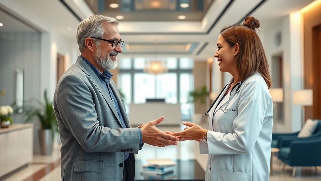 concierge medicine marketing modern healthcare clinic lobby welcoming doctor patient discussion
