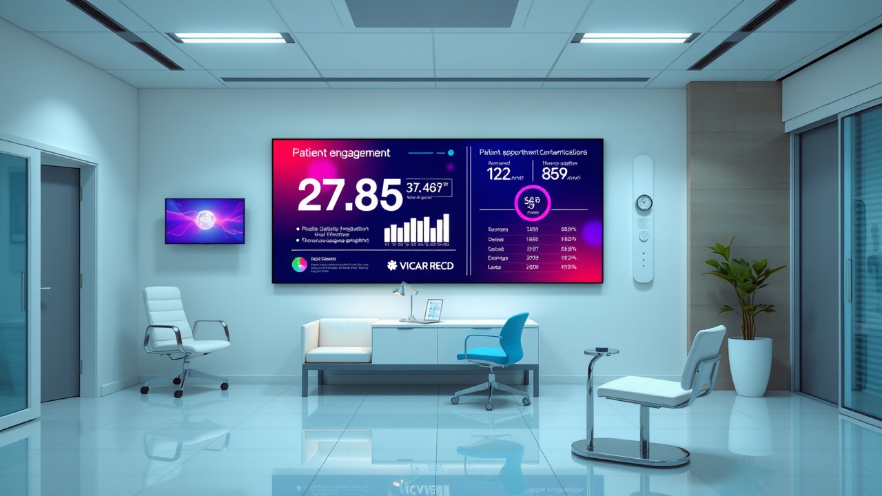 Modern medical office with a wall screen showing patient engagement statistics and appointment confirmations
