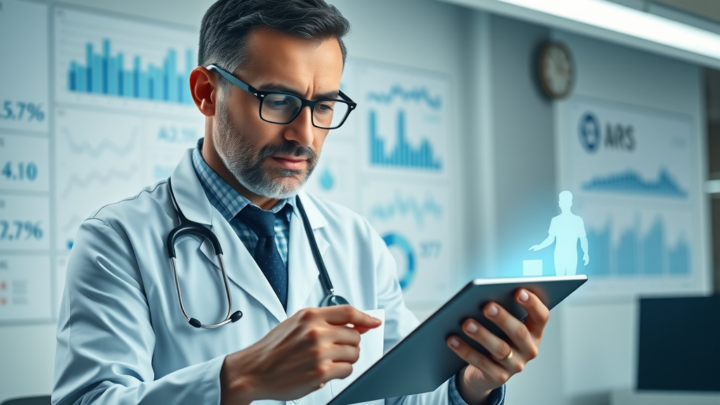 insightful doctor using tablet researching digital marketing statistics, online marketing for medical practices, modern medical office background