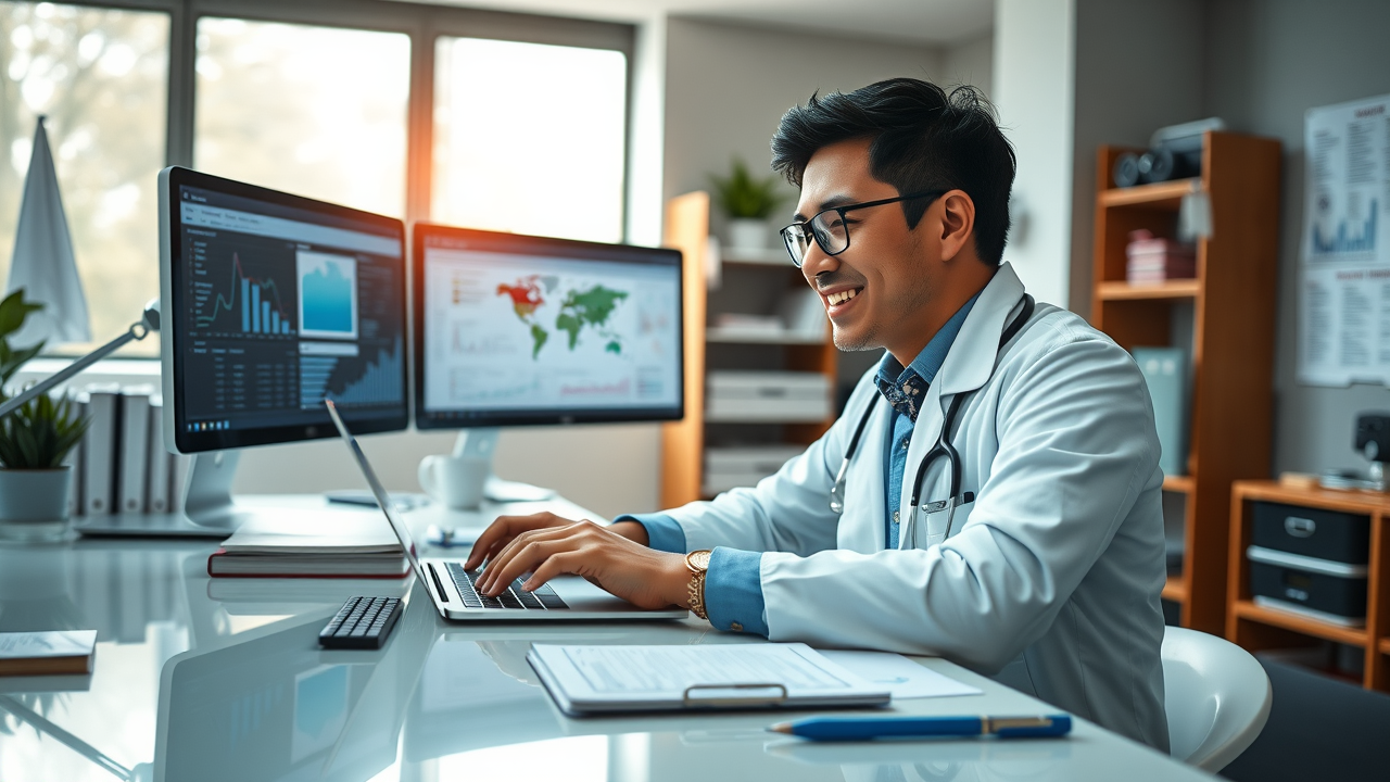 a happy doctor optimizing educational blog posts for patients, with thoughtful and engaged expression,
