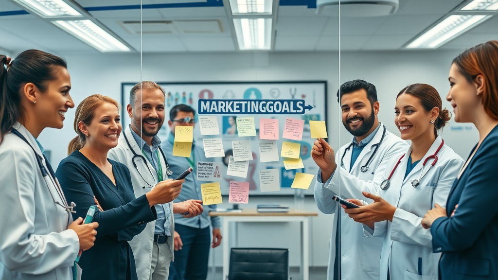 Team of healthcare professionals mapping content marketing strategy for medical practices on a glass board in a modern conference room