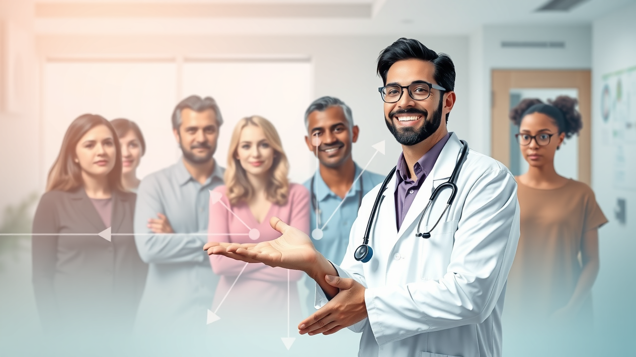 Illustrated concept of patient reactivation: arrows connecting inactive patients to a smiling healthcare provider