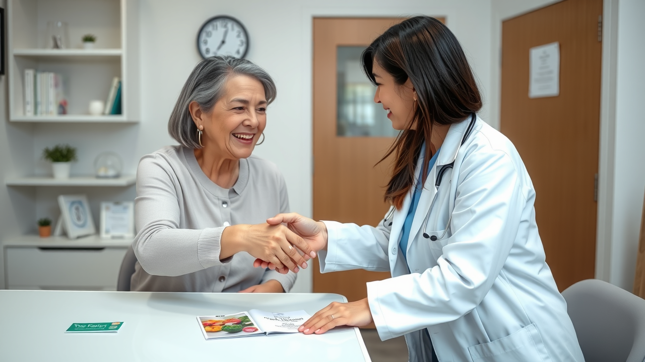 Happy patient shaking hands with doctor at a small practice, with branded brochures and business cards on the desk.