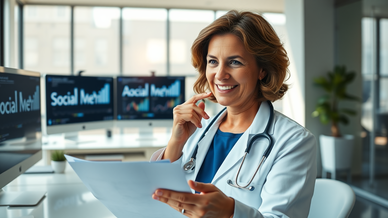 happy middle-aged female medical professional, contemplative and focused expression, reviewing social media strategy documents, 