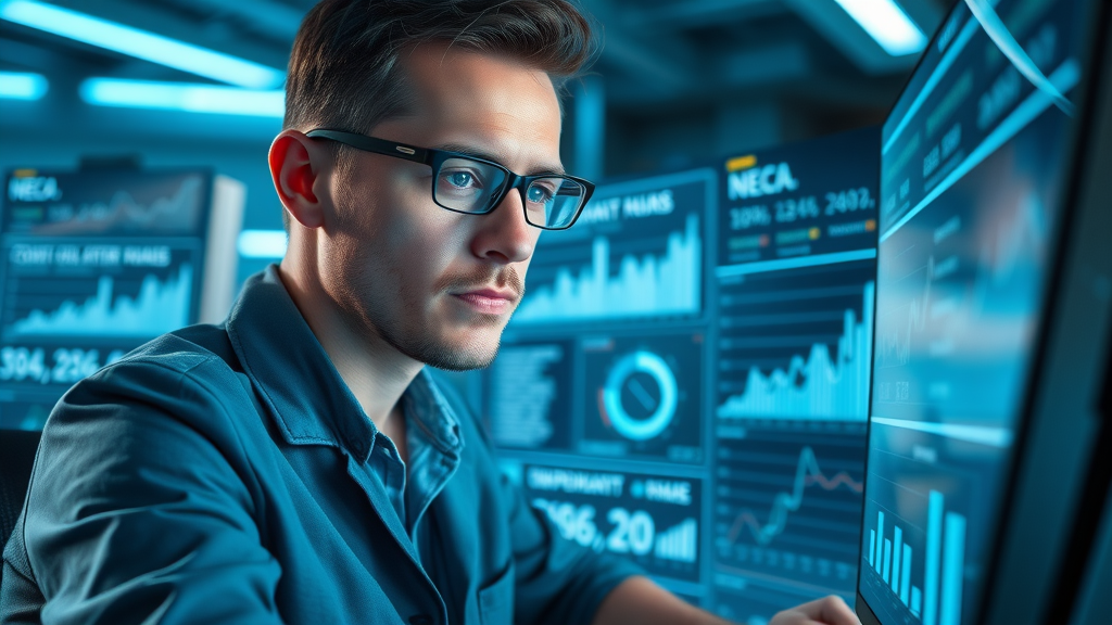 Focused marketing analyst monitoring SEO performance for healthcare content marketing in a high-tech futuristic workspace
