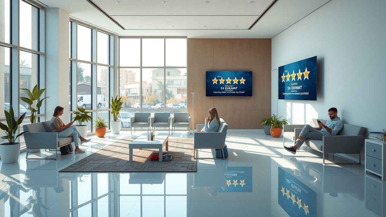 A clinic waiting room with digital screens displaying 5 stars for quality medical practice