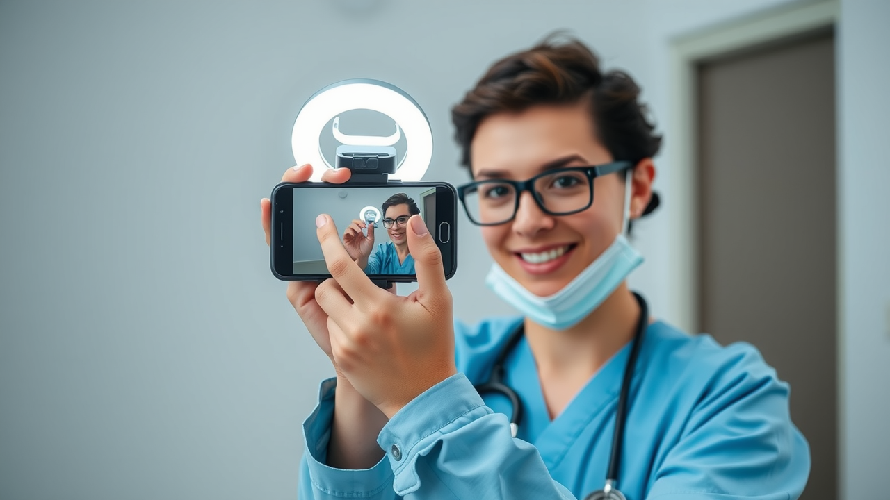 Healthcare professional filming a short, engaging interactive social media post video in a futuristic, high-tech medical studio.