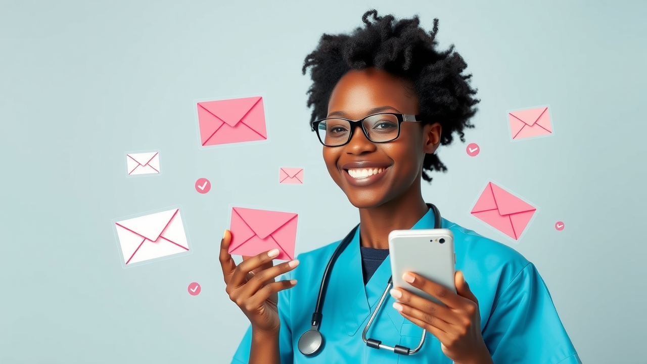 Healthcare receptionist sending email reminders to patients, with icons of envelopes, smartphones, and checkmarks floating around