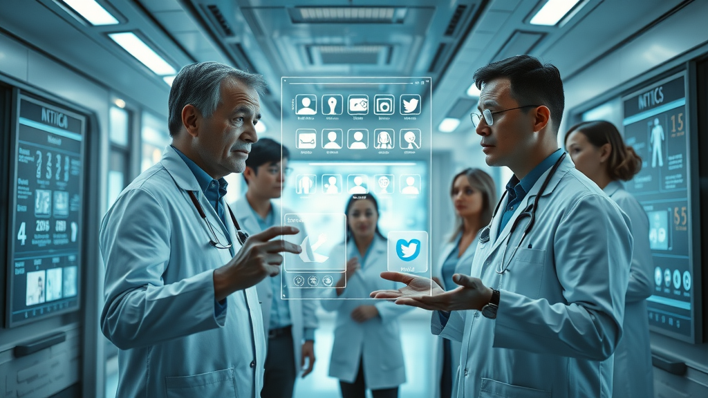 Doctors and patients interacting with futuristic digital hologram interfaces for social media engagement in a modern healthcare setting.