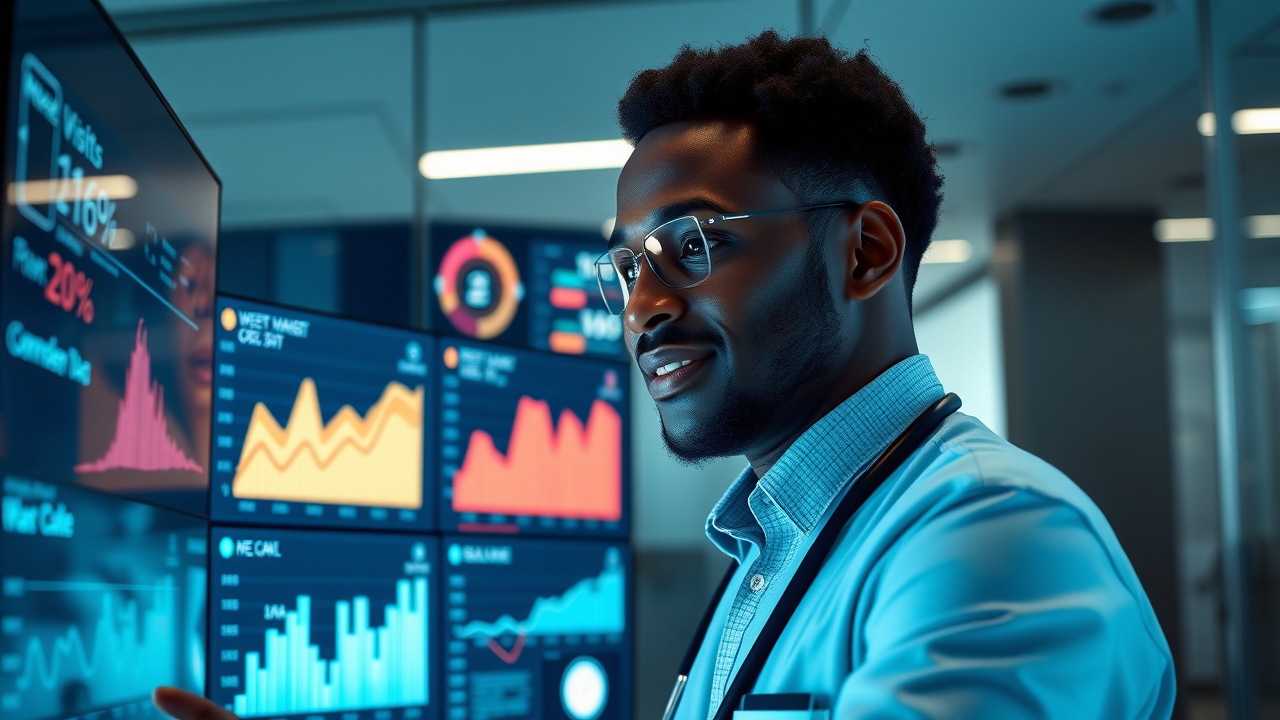 Healthcare marketing analyst reviews digital metrics dashboard tracking Google Search impressions, website visits, and local SEO booking conversions for a medical practice.