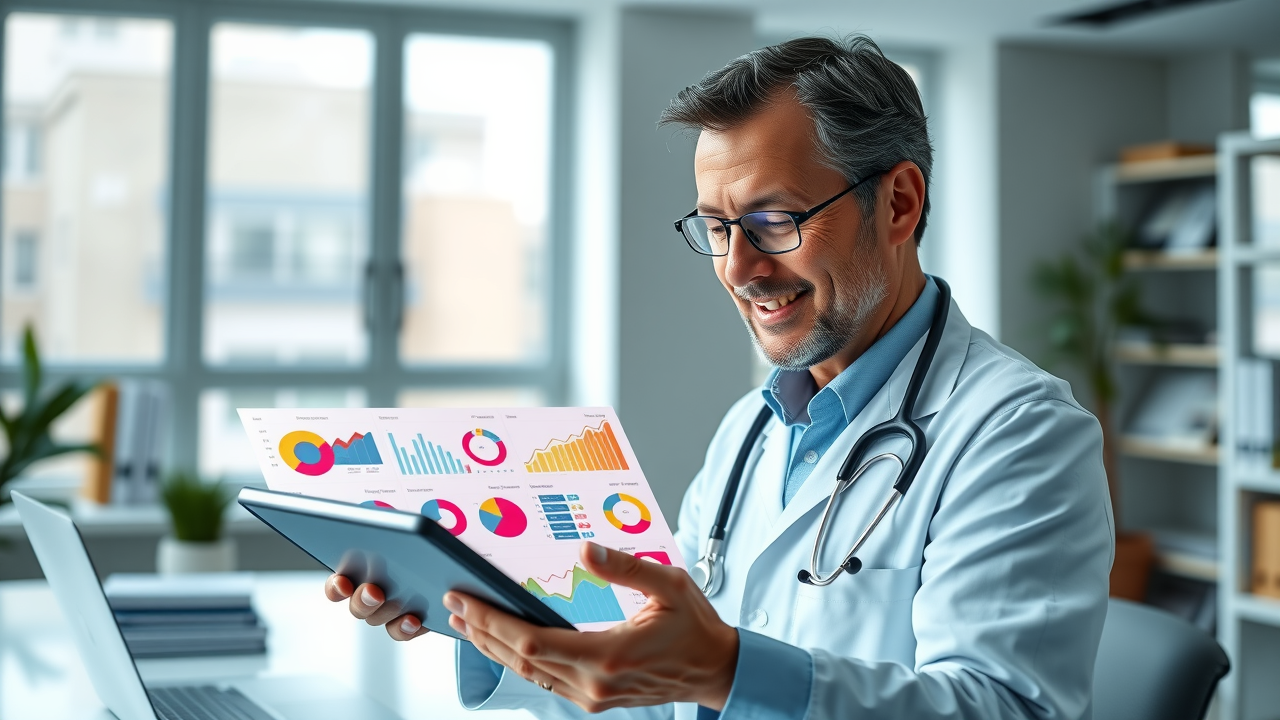 A concierge doctor reviewing patient email engagement data with visuals showing different demographics and behavior segments