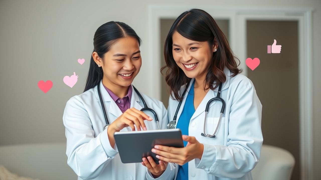 a happy female asian doctor or nurse engaging with a patient on a tablet screen, with social media icons floating around (hearts, likes, comments) — warm, trustworthy atmosphere.
