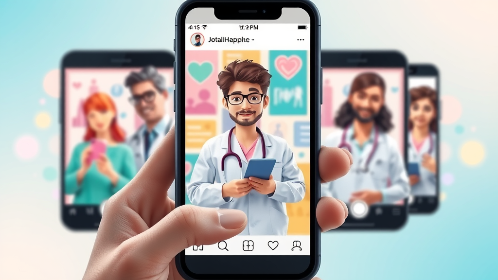 Modern healthcare Instagram feed with vibrant branded visuals, professionals sharing stories, simulated mobile phone lens