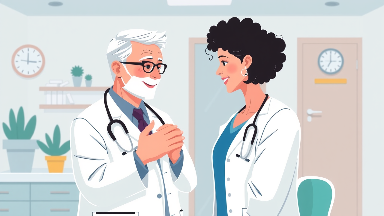 Illustration of trust between doctors in a clinic with clean, professional design and cohesive visual identity