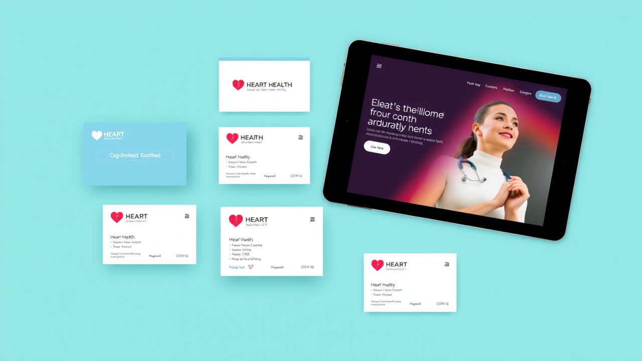 Flat lay of branded healthcare materials of a clinic — business cards, appointment cards, and tablets showing a clinic website with consistent visuals