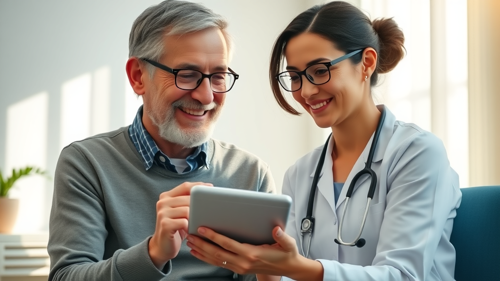 Patient and provider sharing and reviewing a patient-submitted story on a digital device in a consulting room, fostering trust via interactive social media.