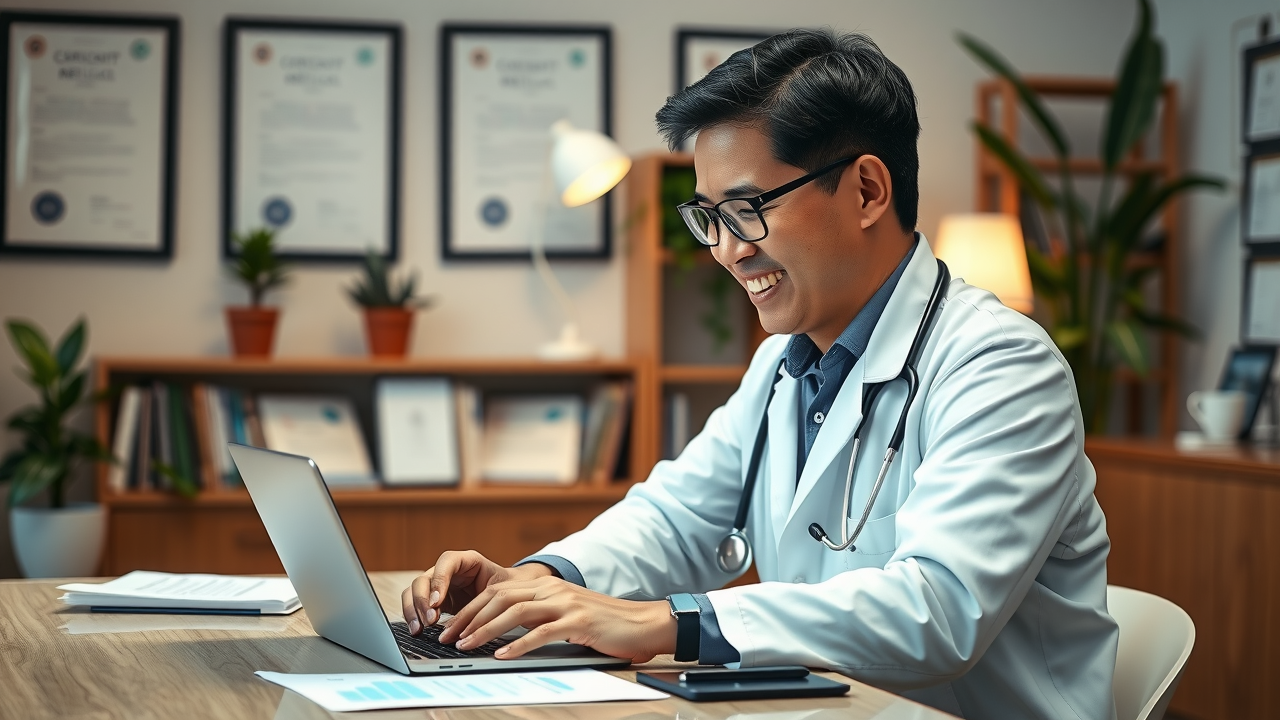 A thoughtful physician develops local content marketing on a laptop, planning blog topics for healthcare providers to attract patients via local SEO.